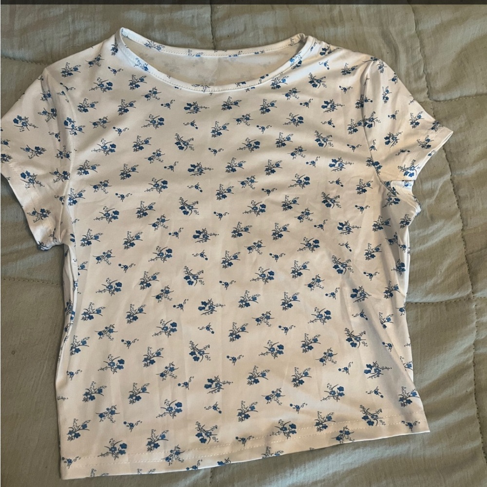 Blue Floral Print Short Sleeve Top